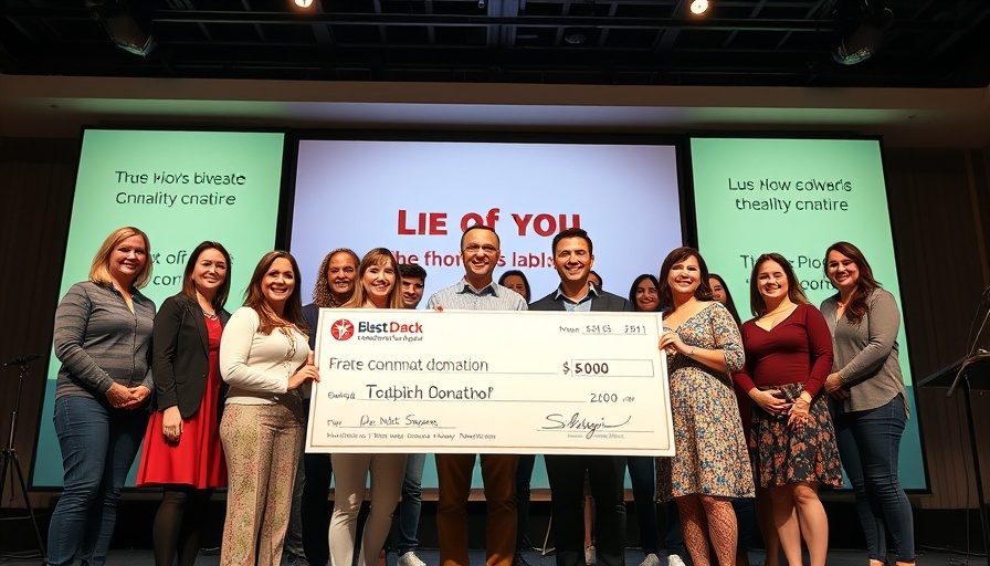 Heritage Pool Supply Group donates to Step Into Swim with a large check on stage.