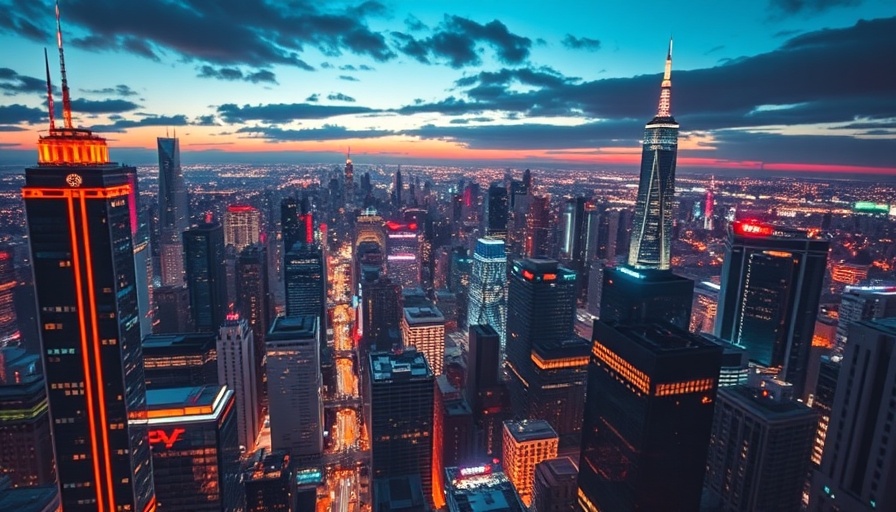 Futuristic cityscape with digital effects representing technology.