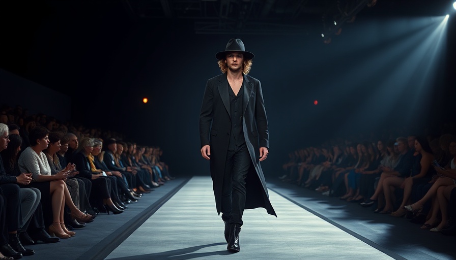 Model on runway during fashion show with dramatic spotlight.