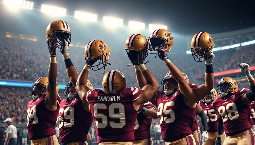 Motivated football players celebrating in stadium, helmets raised, energetic atmosphere.