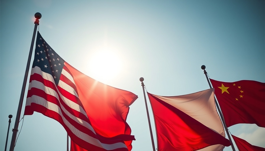 American and Chinese flags symbolizing global finance, waving under blue sky.