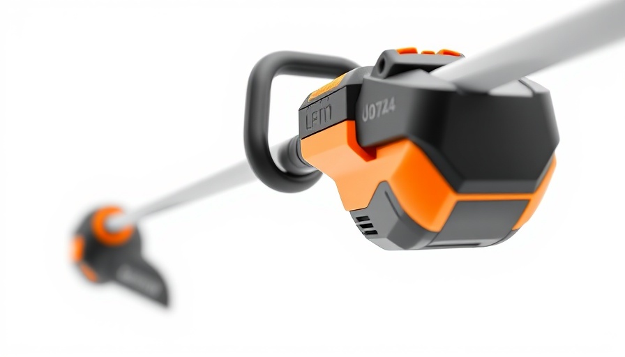Battery-powered string trimmer 2025 on white background.