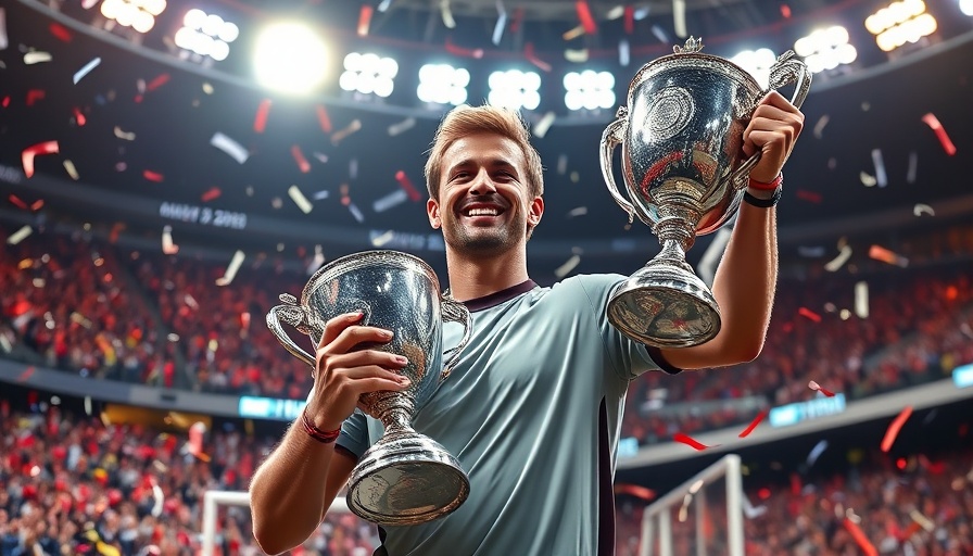 Victorious athlete holding a trophy at Madden videogame tournament.
