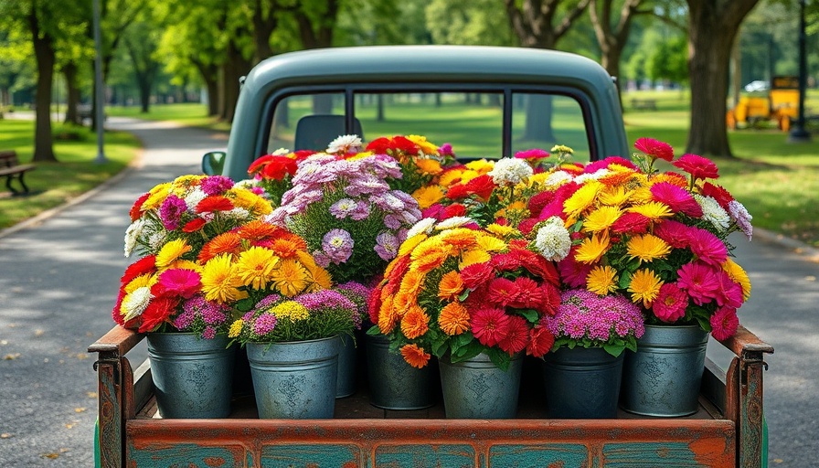 The Bowl in Bloom floral display on a rustic truck in a sunny park.