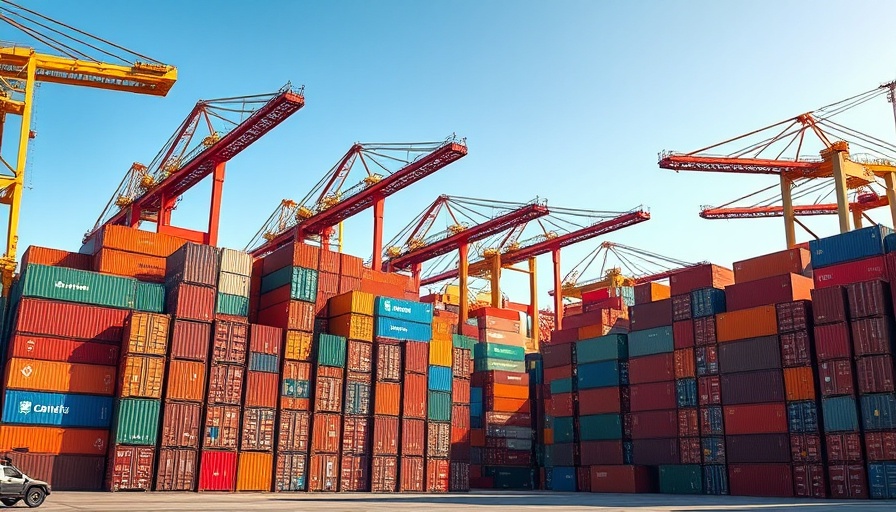 Industrial port with shipping containers and cranes representing tariff uncertainty.