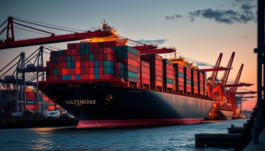 Cargo ship at Port of Baltimore, shipping containers stacked high.