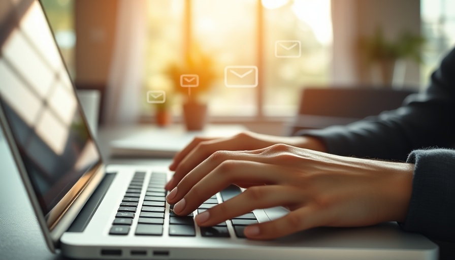 Hands typing on a laptop with digital chat icons, communication concept.