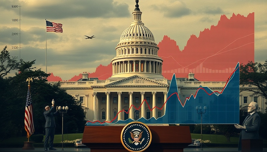Visualization of S&P 500 Tariff Impact with economic symbols and graph.
