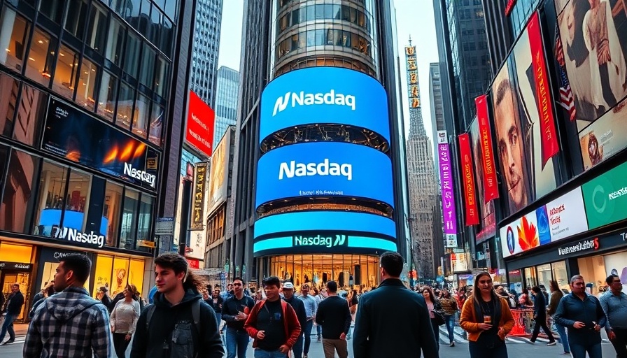 Urban street with Nasdaq billboard, technology influence, avoiding technology sector investments 2025