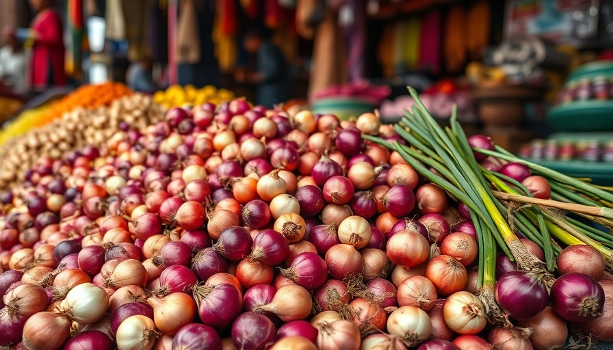 Vibrant market stall with fresh onions, India Onion Export Ban.