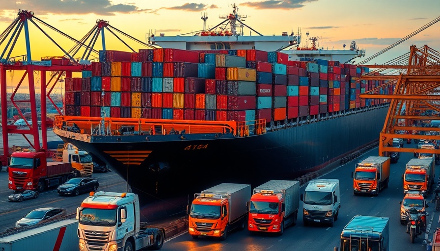 Cargo ship and transport vehicles at busy port, import-export success.