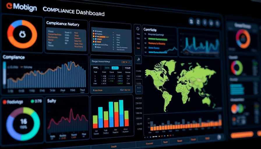 Digital dashboard showcasing Compliance Management System benefits with graphs and maps.