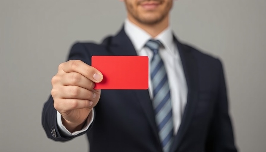 Symbolic gesture of compliance, business person holds red card, FDA compliance actions.