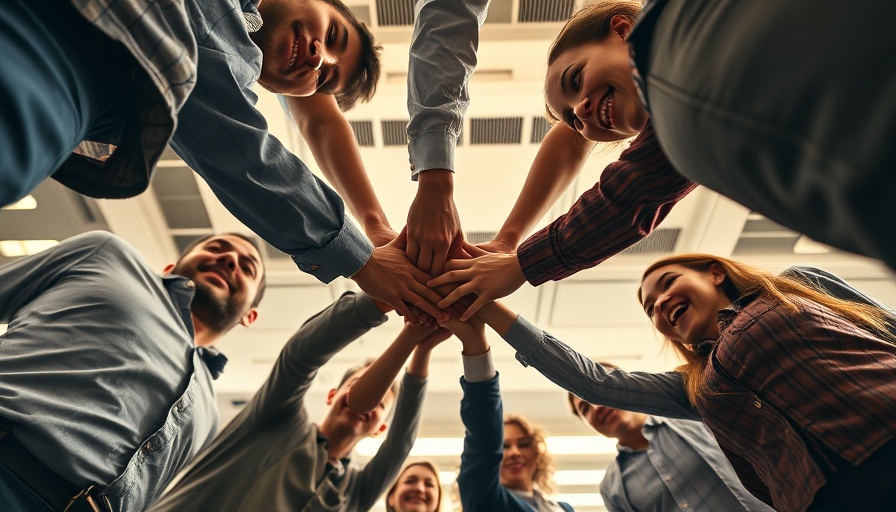 Diverse team joining hands symbolizing gender equity in the workplace.