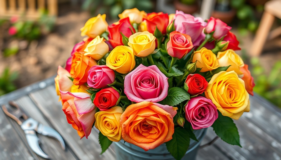 Mixed rose bouquet with gardening shears, care for roses in Houston.