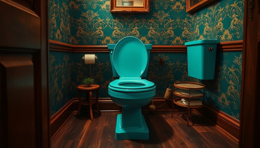 Vibrant turquoise toilet in exotic bathroom with colorful wallpaper.