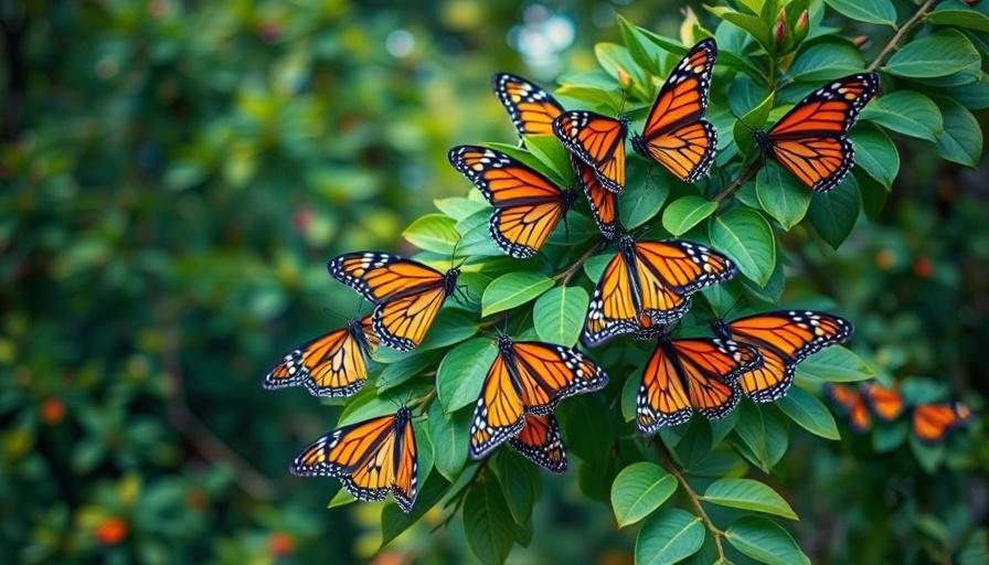 Cluster of monarch butterflies in a grove, Save Western Monarch Butterflies.