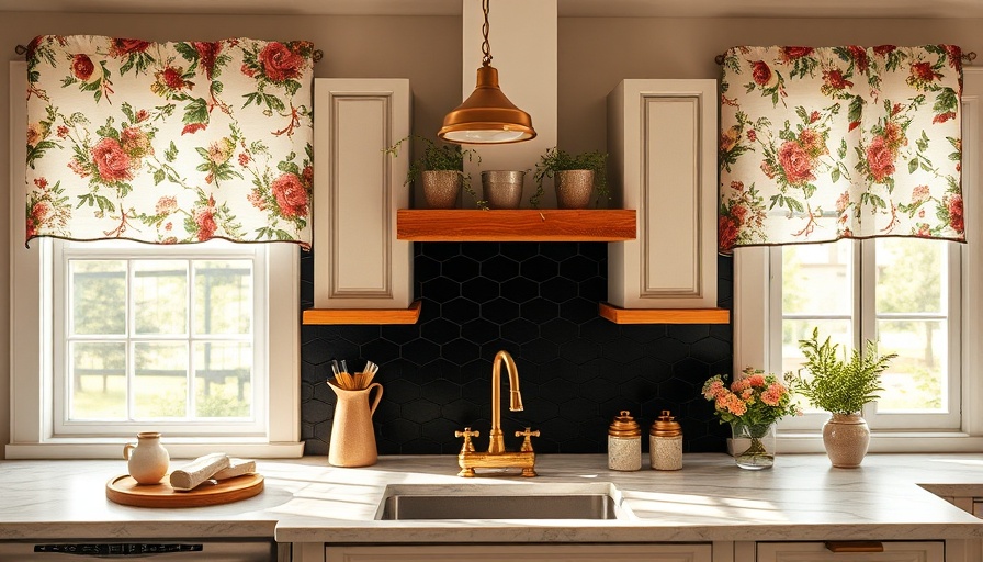 Charming rustic kitchen with floral café curtains and brass faucet.