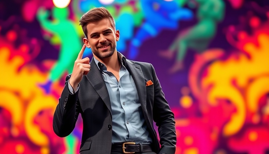 Confident man on stage in vibrant setting.