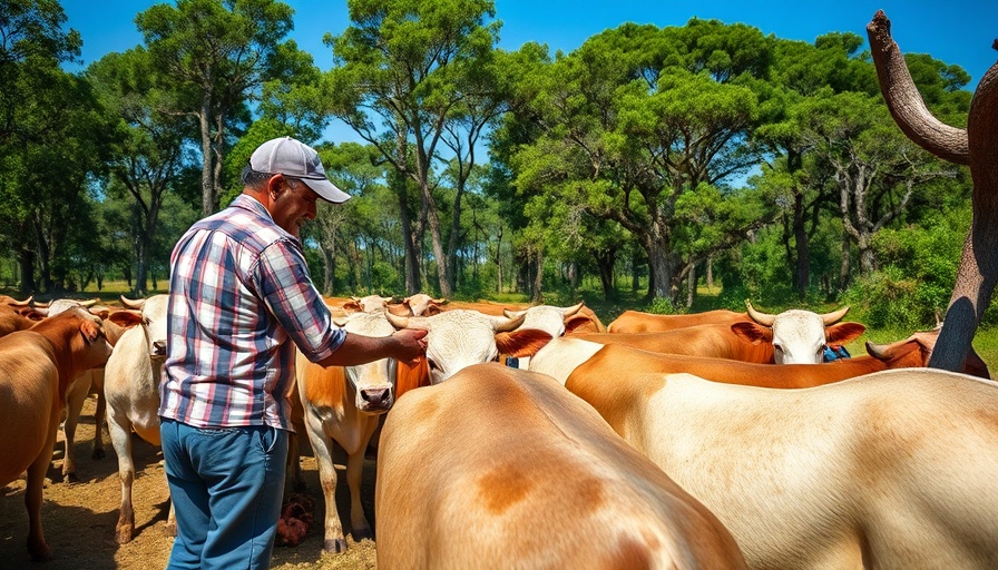 Man feeding cattle in a woodland area in Baja California Sur.