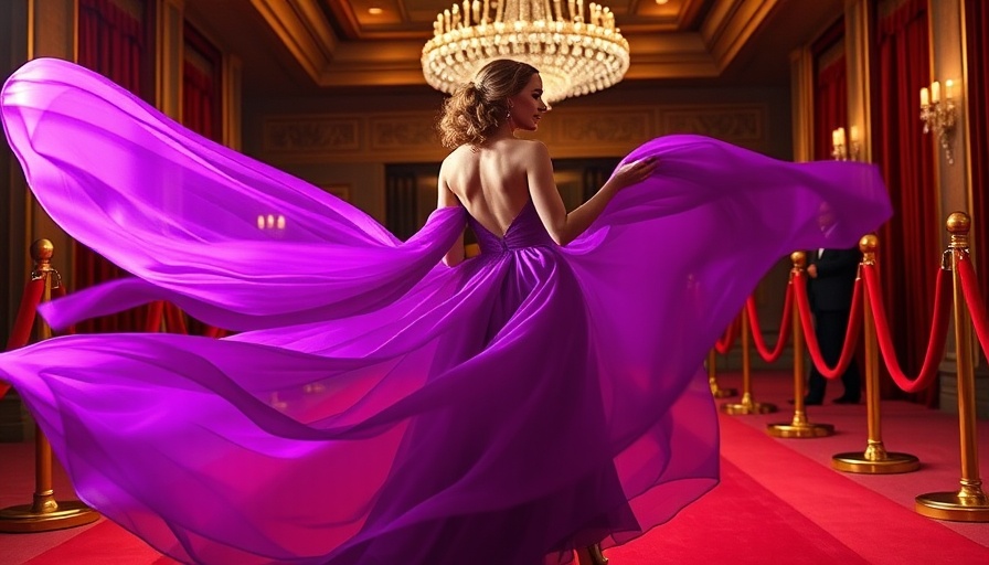 Elegant couple on red carpet event, woman in purple gown.
