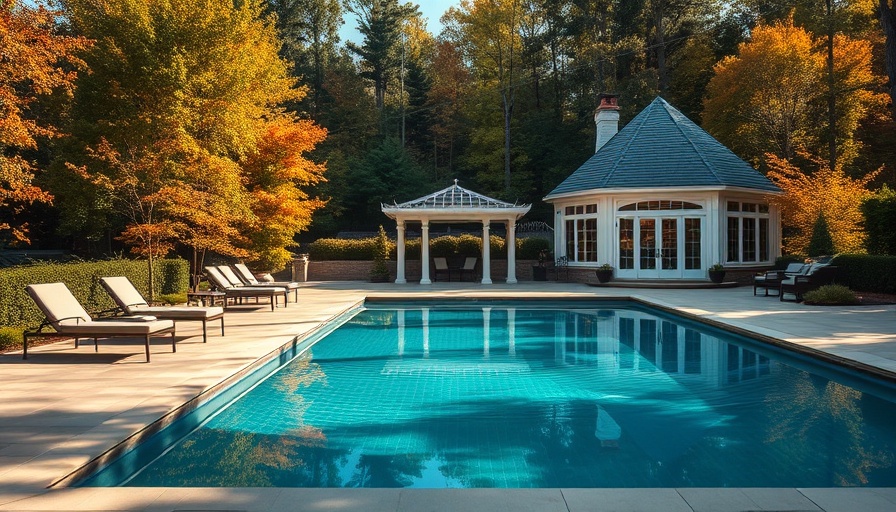 Luxurious pool installations with lounge chairs and pool house.