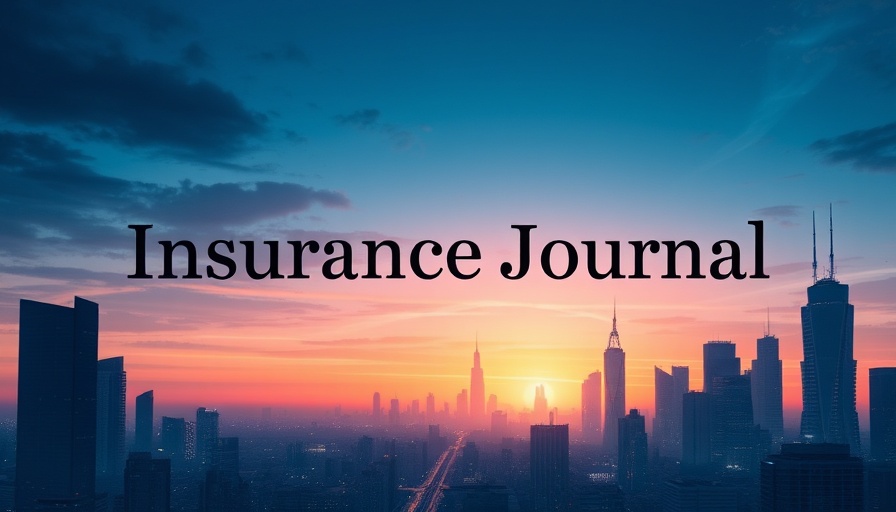 Futuristic cityscape with 'Insurance Journal' text overlay, Long Island brush fires emergency declaration.