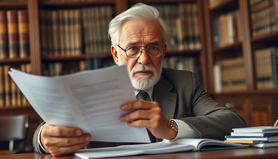 Older man considering legal documents for estate planning in a library.