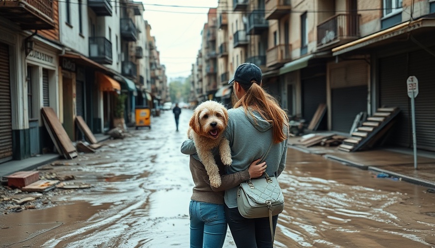 Couple and dog observe flood damage amid FEMA Helene recovery efforts.