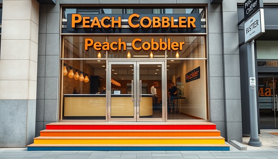 Modern Peach Cobbler Factory storefront offering free banana pudding.