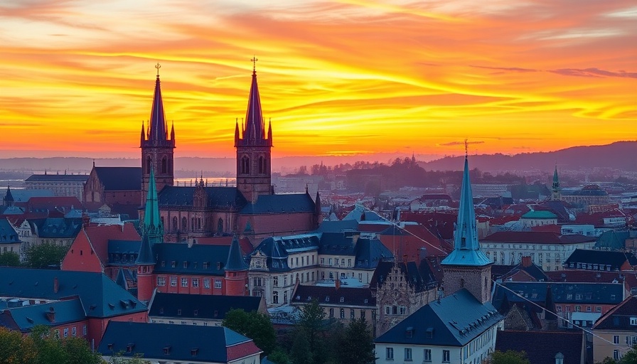 Baltic states open new energy trading market cityscape at sunset.