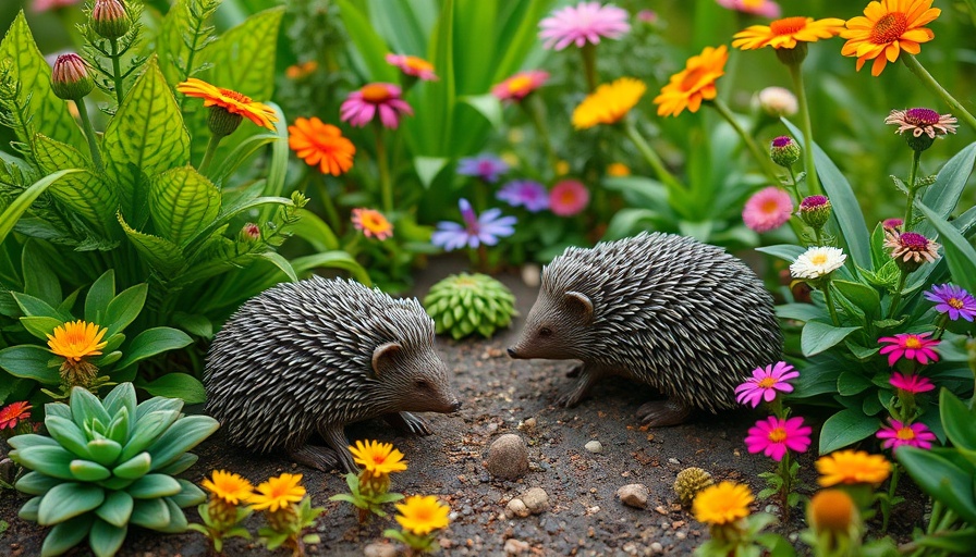 Charming garden scene with hedgehog sculptures depicting intergenerational gardening benefits.