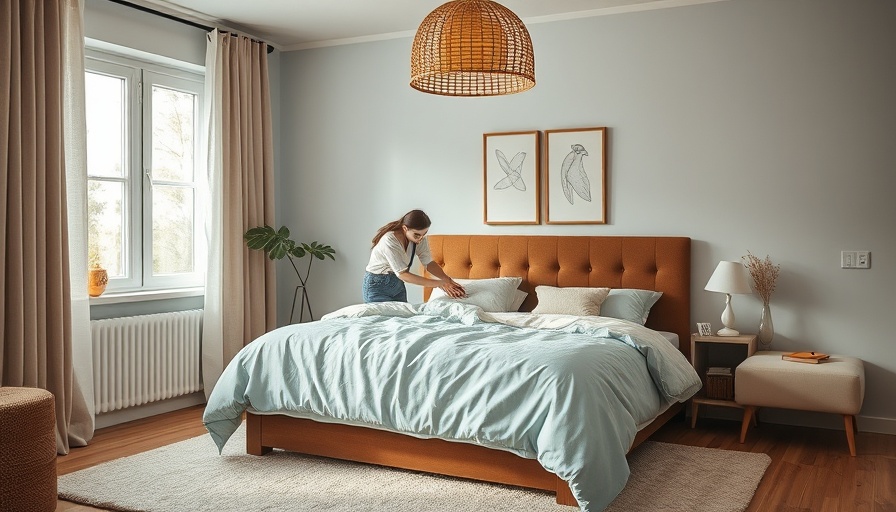 Woman making a fluffy bed in cozy bedroom with warm decor.