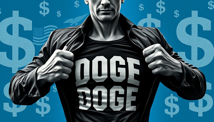 Confident man with DOGE shirt by US Treasury and dollar sign.