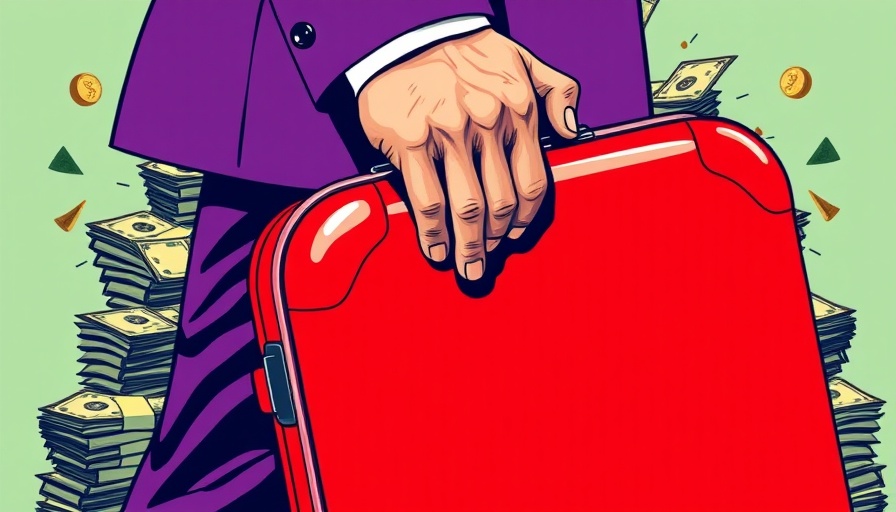 Bold pop art of high luggage fees with red suitcase and dollar bills.