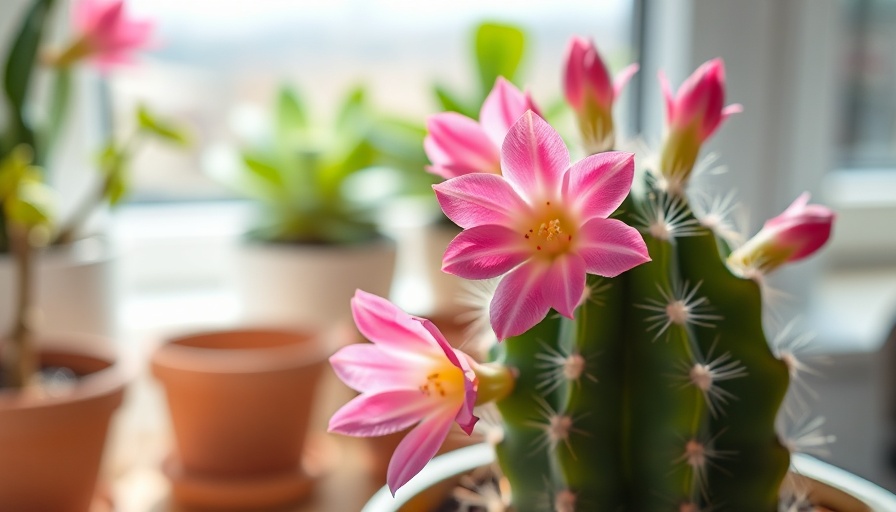 Cactus with pink blooms on windowsill in winter light.