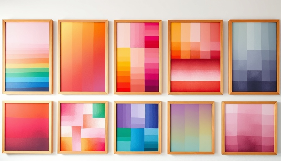 Vibrant abstract art display, color swatches in frames on a white wall.