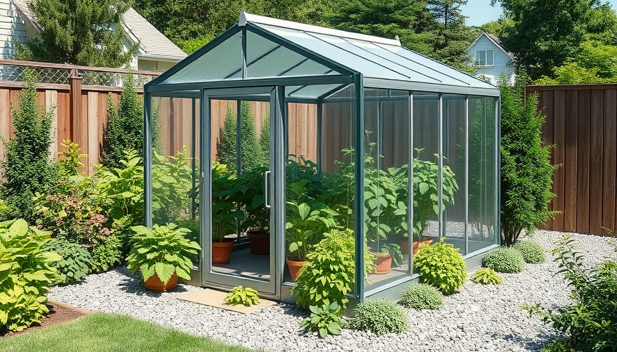 Small space gardening tips: compact greenhouse in backyard.