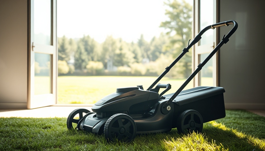 Litheli EASYSURGE 18.5'' lawn mower indoors with landscape view.