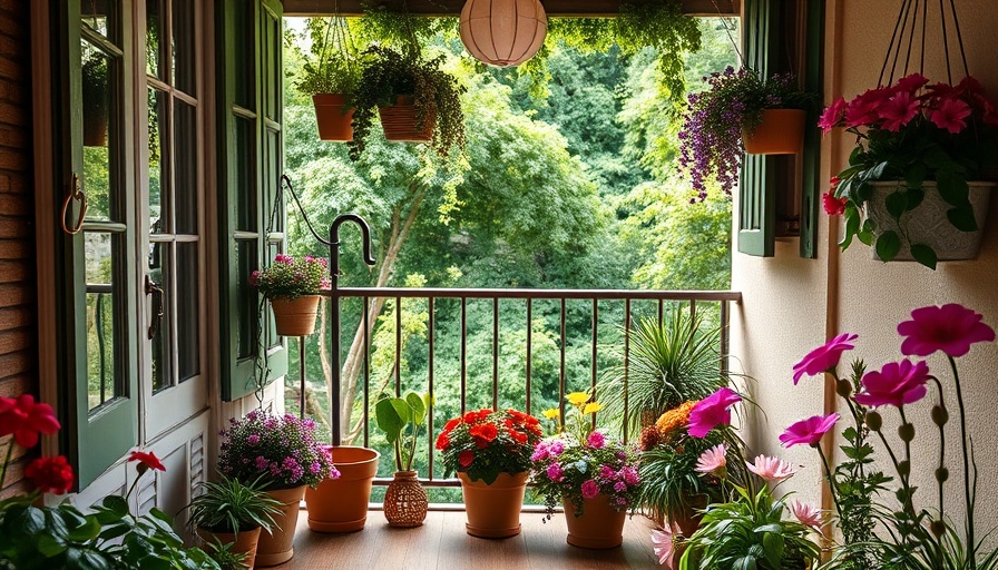 Charming small balcony with plants and garden view, cozy decor.