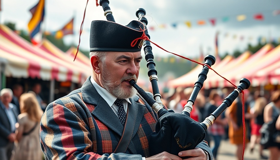 Baxter Village Spring Fling Festival performer in Scottish attire playing bagpipes.