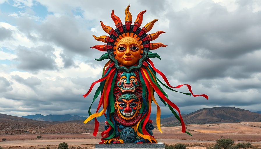 Mexican art project sculpture against a cloudy sky.