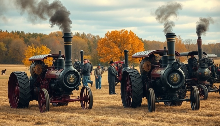 Vintage enthusiasts operating 100-year-old steam tractors in a rural field.