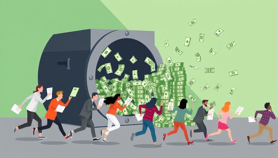 Illustration of people chasing money from a vault for unclaimed tax refunds.