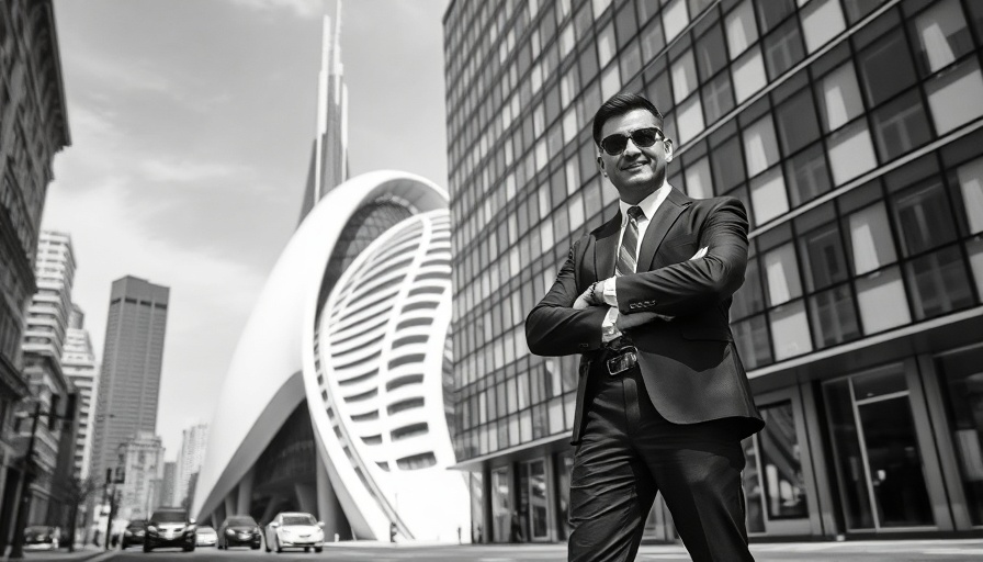 Architect with futuristic building background in historical photograph.