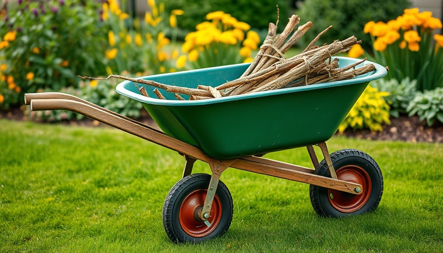 Year-round lawn landscaping secrets illustrated by a wheelbarrow in a vibrant garden.