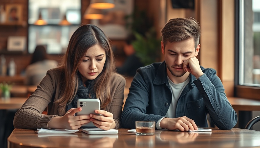 Subtle social blunders depicted with a bored woman and phone-focused man in café.