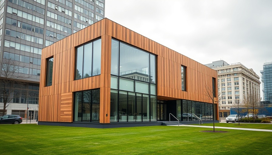 Modern building with glass windows and wooden panels in urban setting.