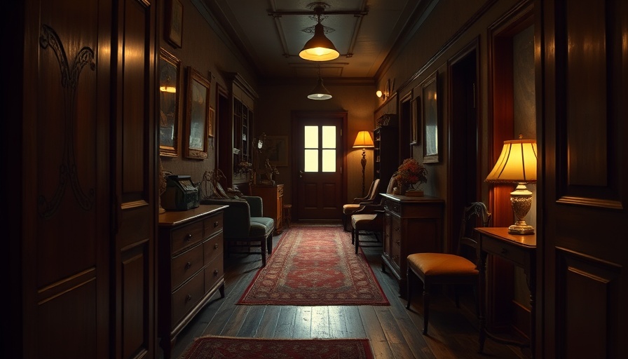 Dimly lit hallway with eclectic decor and mismatched furniture.