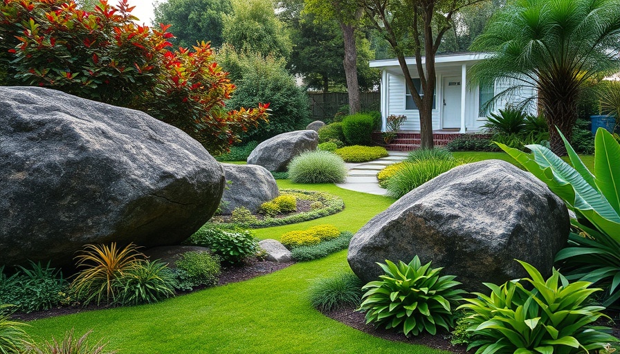 Serene Colorado garden with large rocks and diverse foliage.